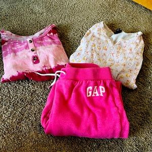 Two pink shirts, and gap sweatpants